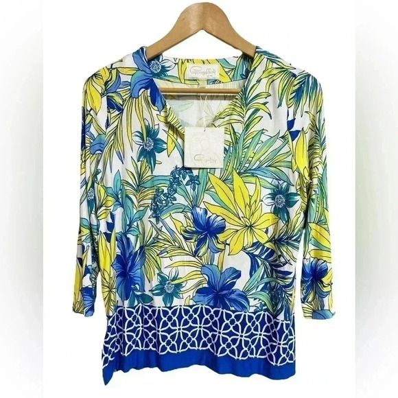 Cappagallo Tropical Floral Hibiscus Tunic Resort Wear Top Medium Petite NWT - Picture 6 of 6